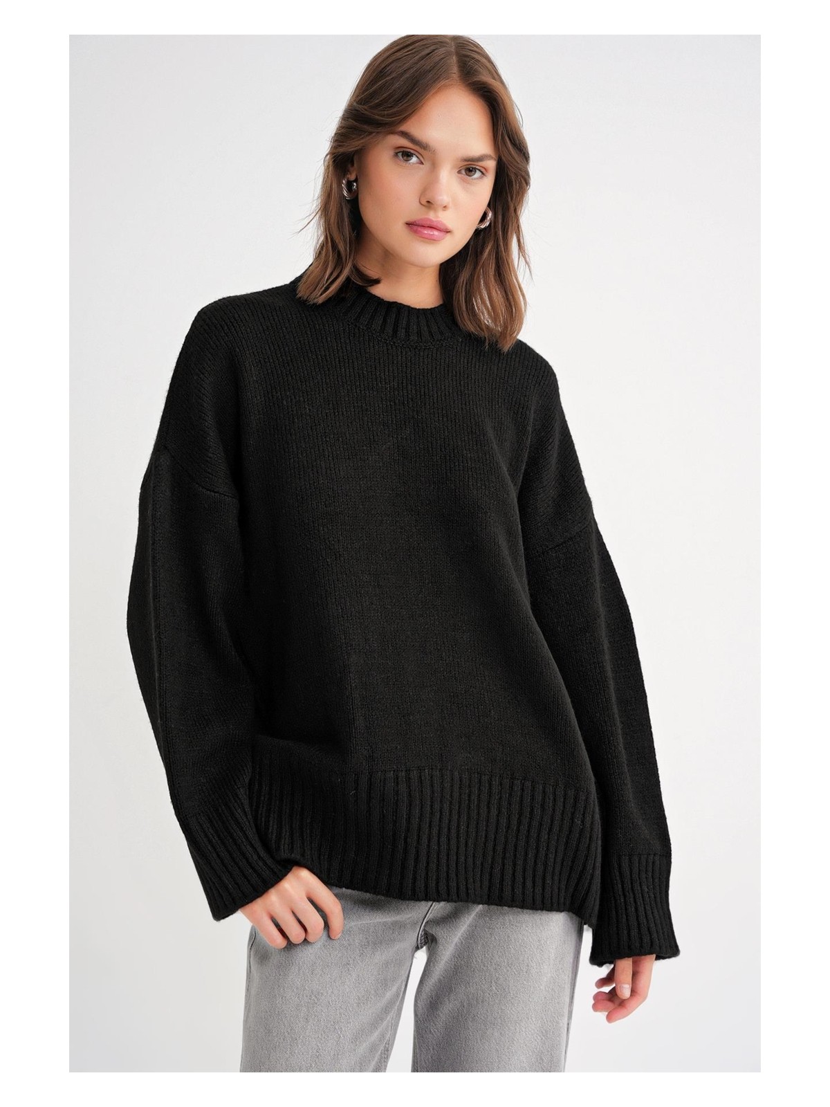 Mixray 6925 Kadın Geniş Kollu Yumuşak Dokulu Triko Kazak Siyah