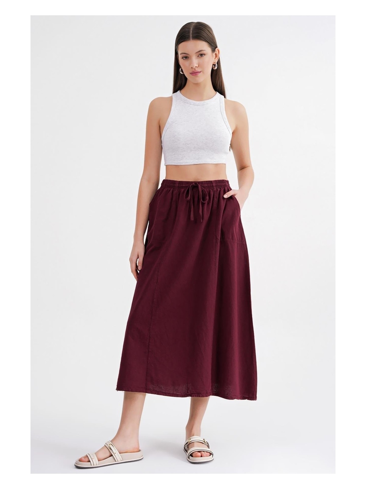 Mixray 4633 Kadın Yandan Cepli Parçalı Etek Bordo