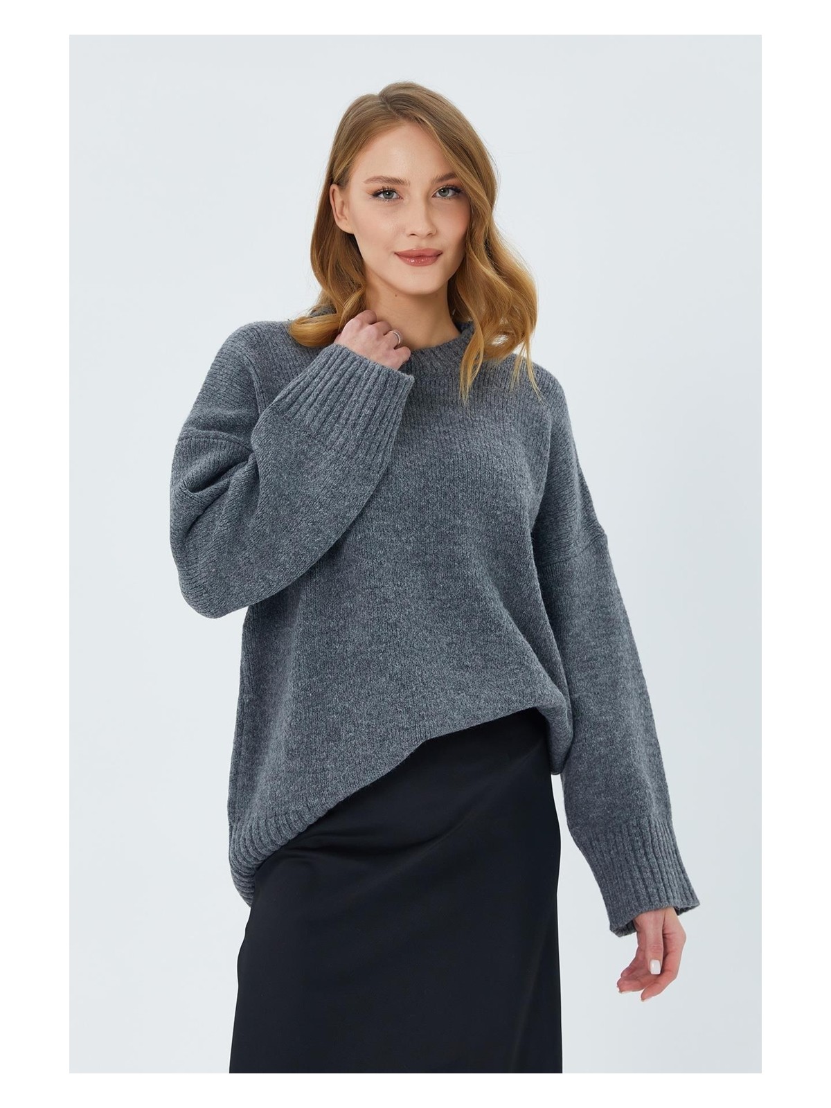 Mixray 6925 Kadın Geniş Kollu Yumuşak Dokulu Triko Kazak Siyah - Görsel 8