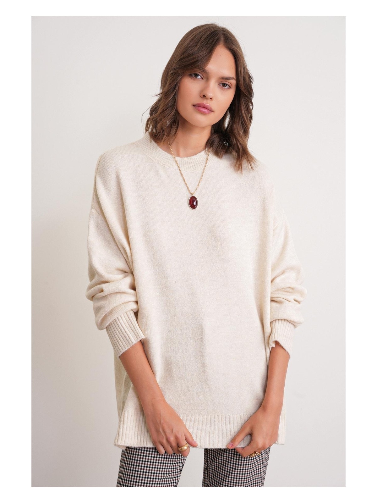 Mixray Kadın Oversize Salaş Yumuşak Dokulu Triko Kazak Bordo Bisiklet Yaka - Görsel 5