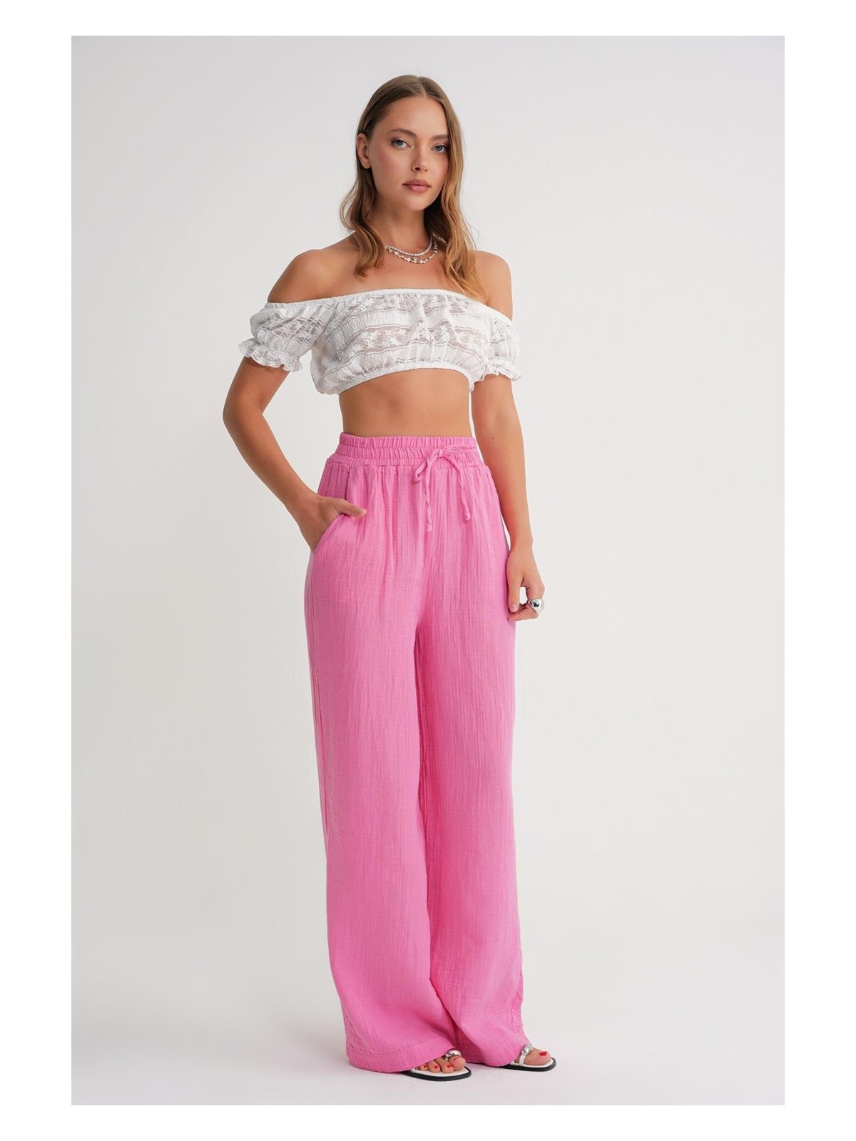 Mixray 4286 Kadın Bol Paça Beli Lastikli Müslin Palazzo Pantolon Kahve - Görsel 9