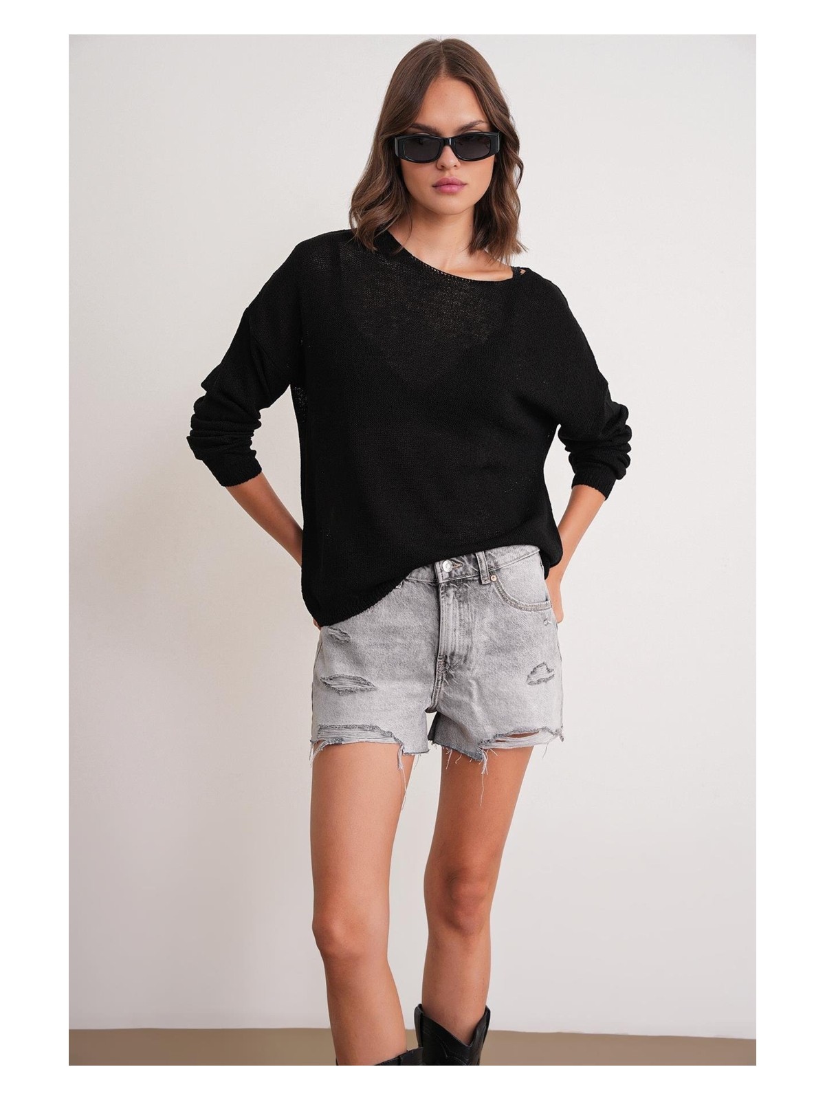 Mixray 6933 Kadın Kayık Yaka Ince Mevsimlik Triko Kazak Lila - Görsel 5