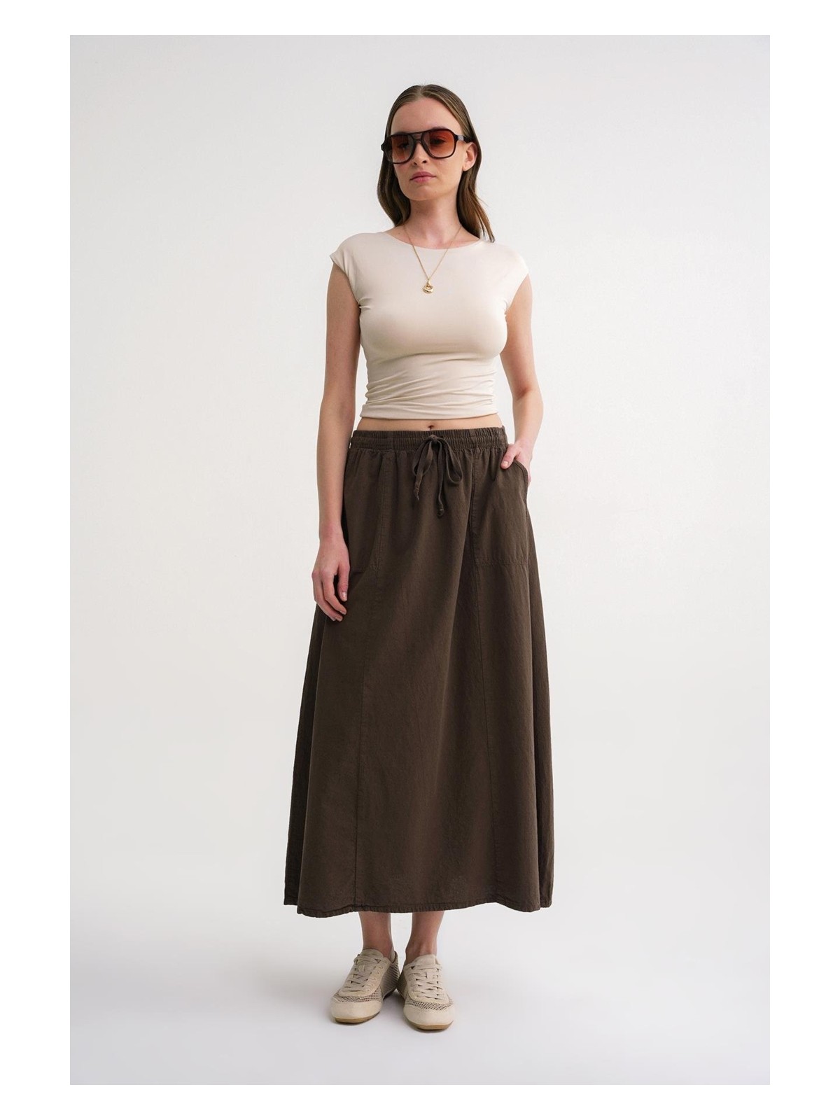 Mixray 4633 Kadın Yandan Cepli Parçalı Etek Antik Vizon - Görsel 5