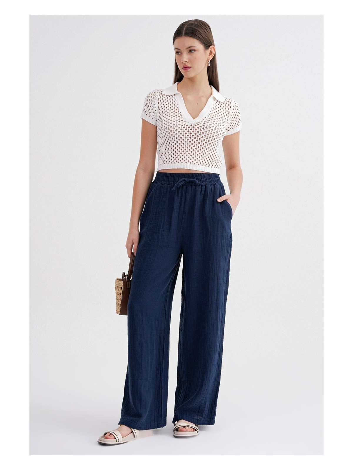 Mixray 4286 Kadın Bol Paça Beli Lastikli Müslin Palazzo Pantolon Kahve - Görsel 8