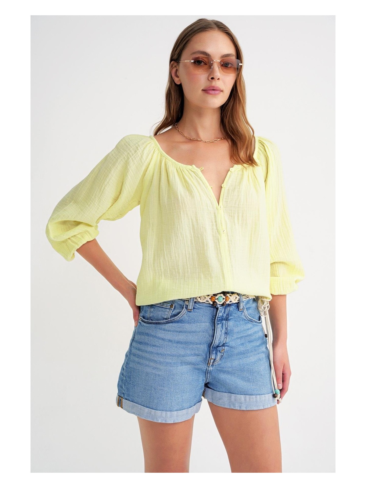 Mixray 4707 Kadın Yakası Büzgülü Kolu Lastikli Bol Müslin Bluz Beyaz - Görsel 7