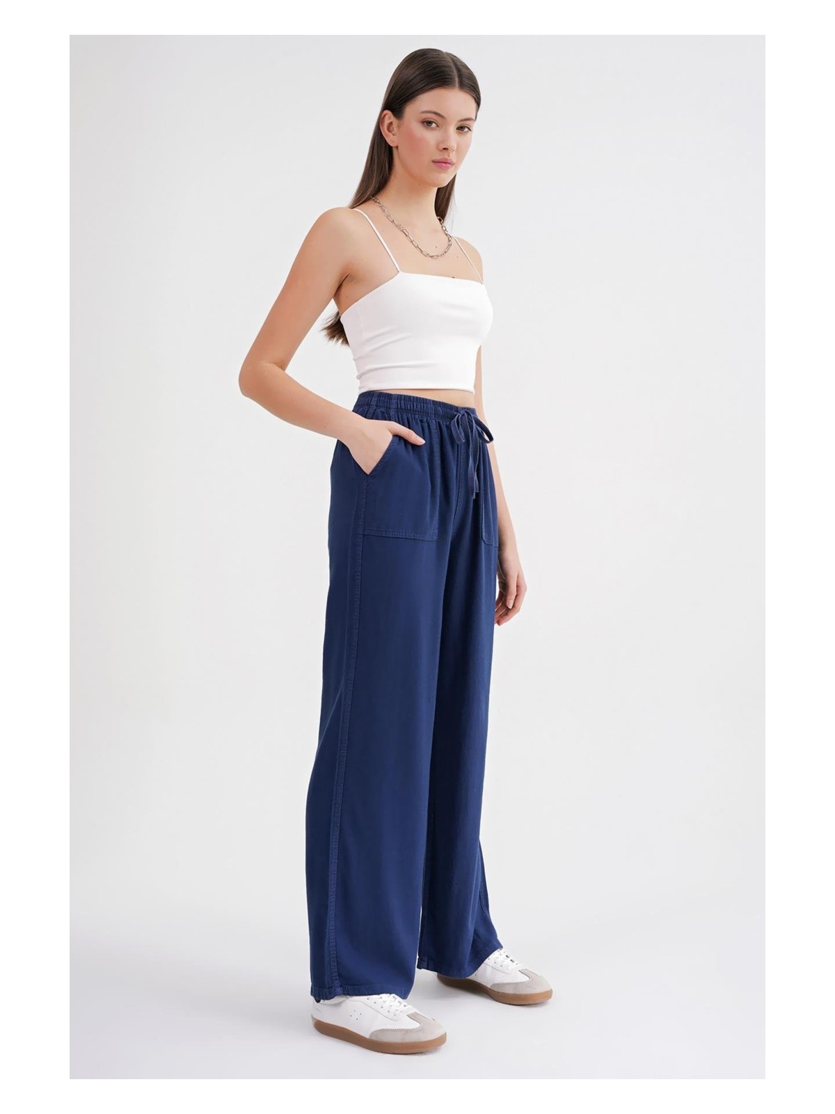 Mixray 4629 Kadın Bol Paça Yüksek Bel Viskon Palazzo Pantolon Taş - Görsel 6