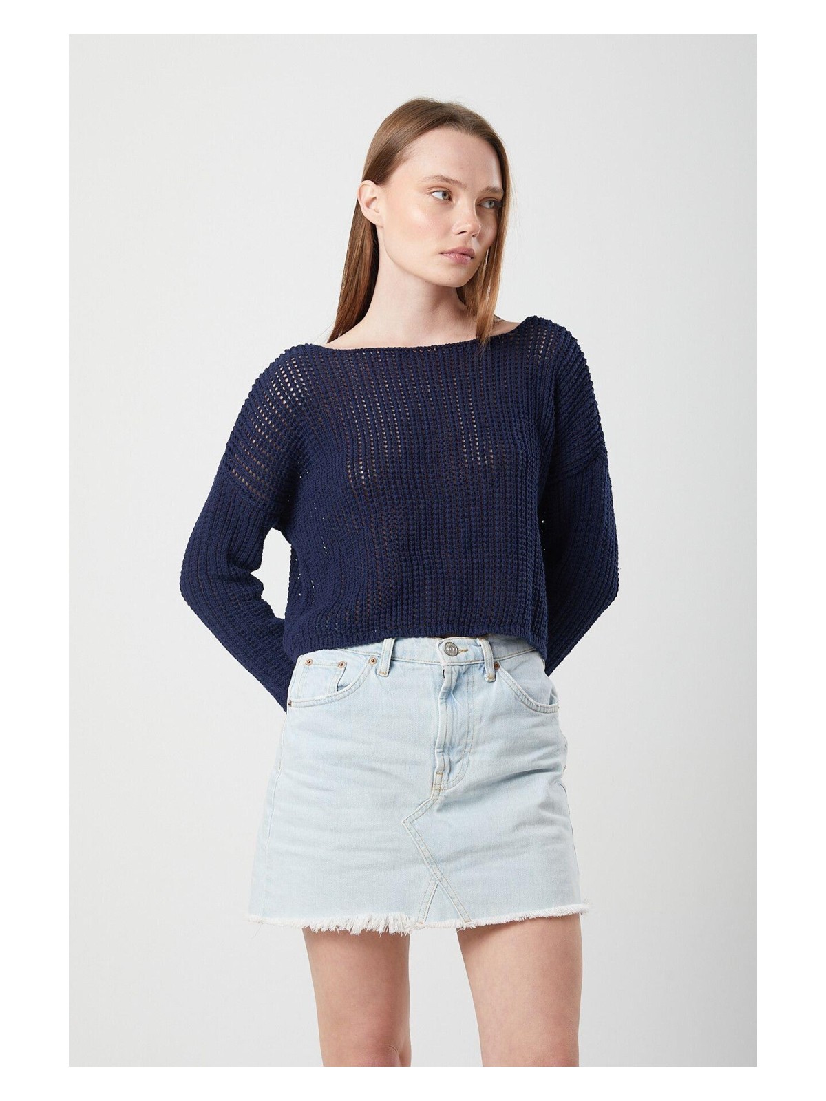 Mixray 6864 Kadın Ajurlu File Mevsimlik Triko Kazak Lacivert