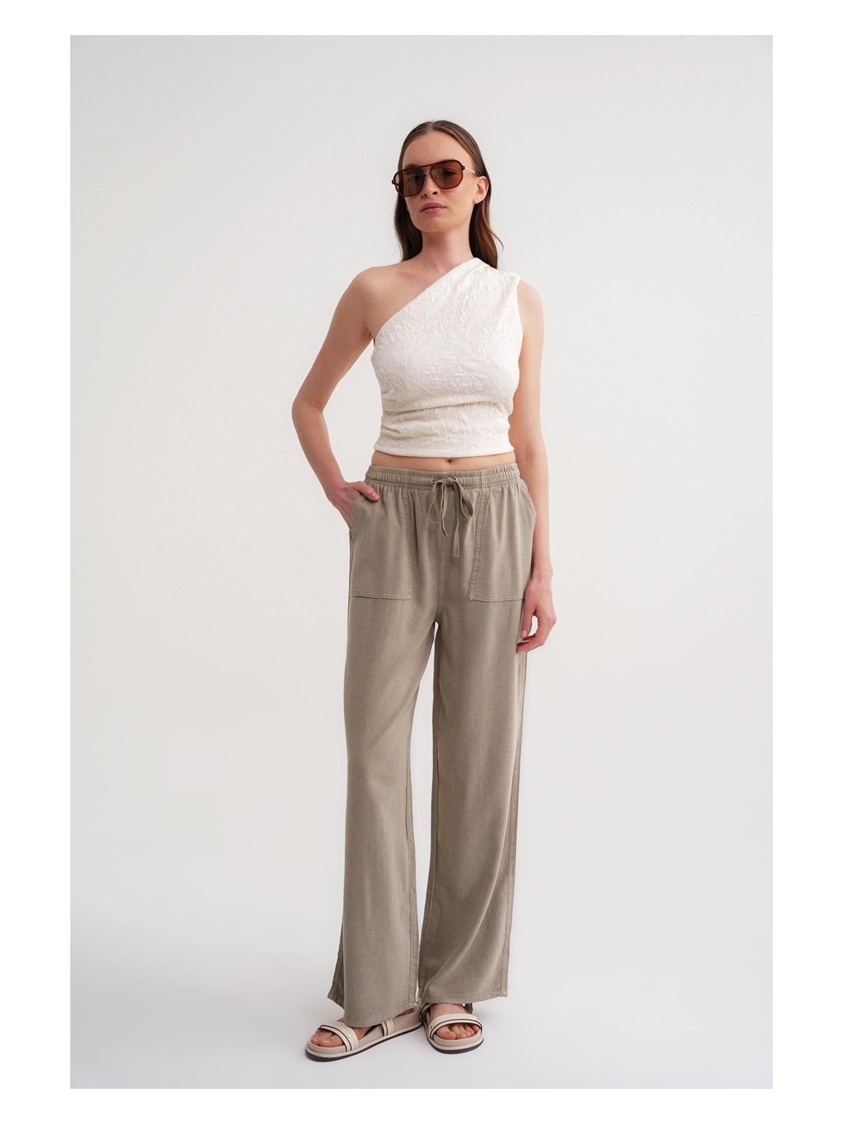 Mixray 4629 Kadın Bol Paça Yüksek Bel Viskon Palazzo Pantolon Taş - Görsel 7