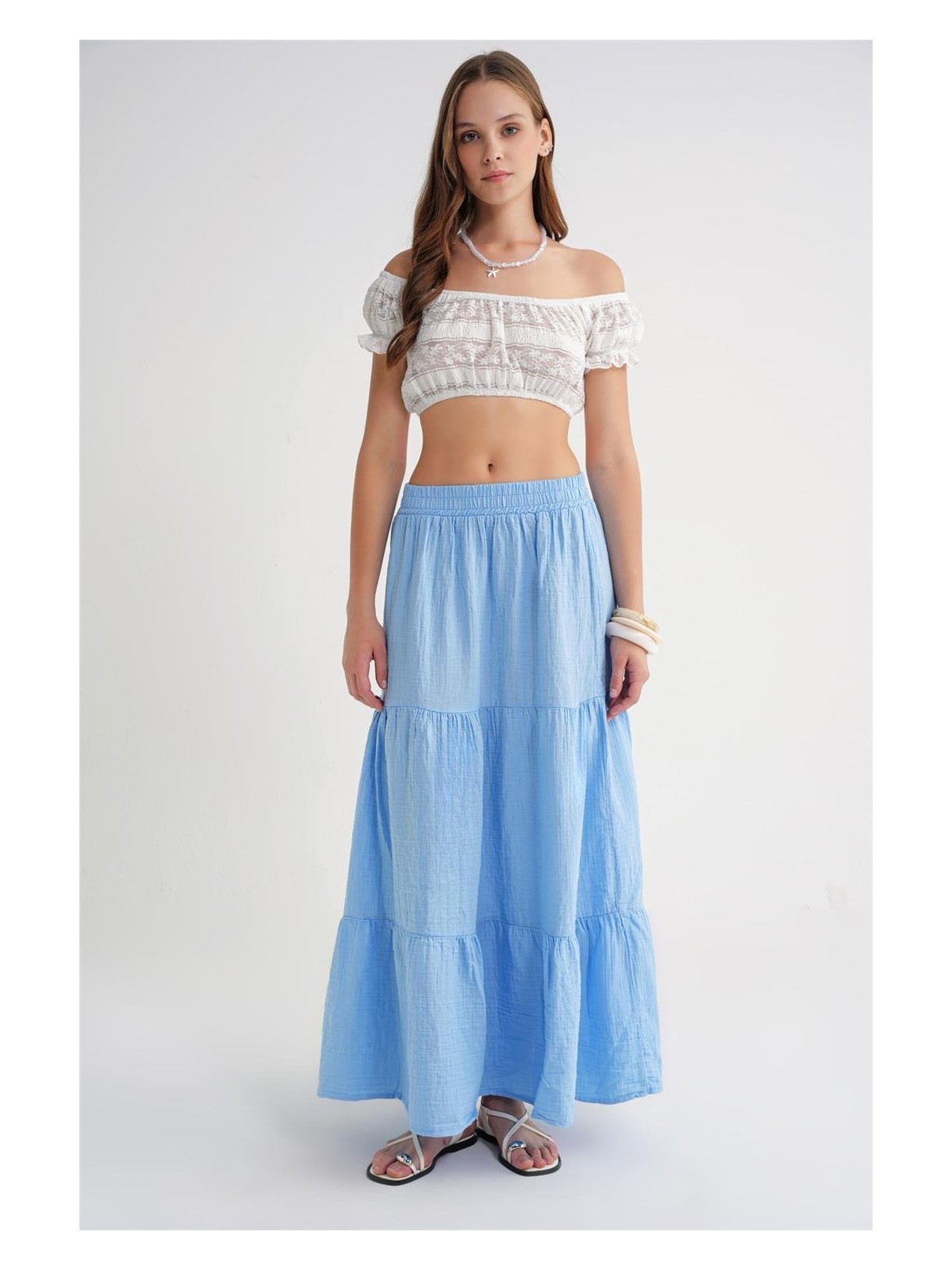 Mixray 4567 Kadın Fırfırlı Uzun Müslin Etek Kahve - Görsel 3