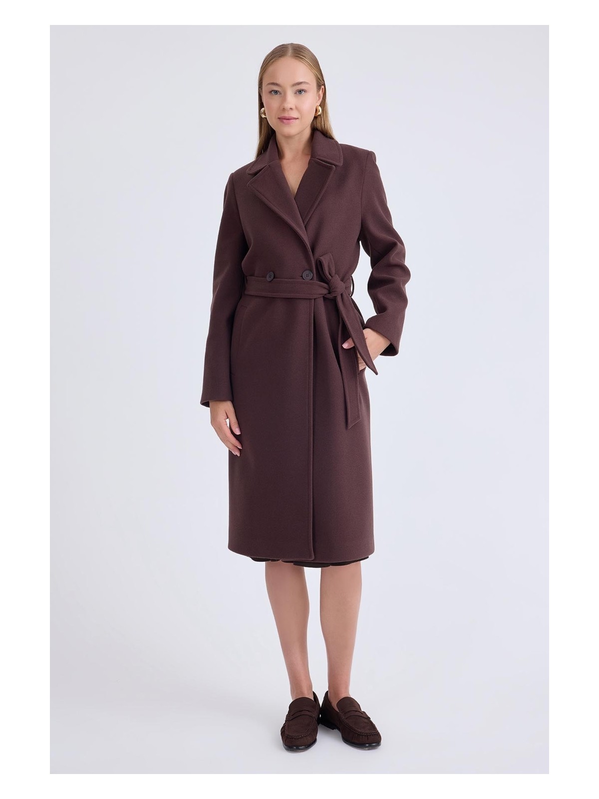 Vitrin Önden Düğmeli Beli Kuşaklı Uzun Kaşe Kaban - Görsel 7