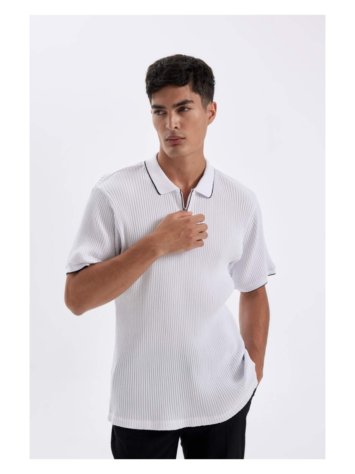 DeFacto Slim Fit Dar Kesim Polo Yaka Kısa Kollu Fitilli Kaşkorse Yarım Fermuarlı Tişört D3948AX24SM - Görsel 11