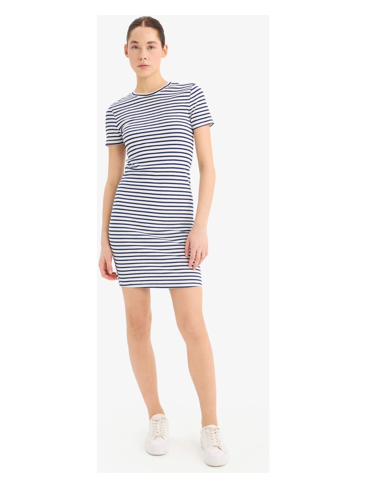 DeFacto Bodycon Vücudu Saran Bisiklet Yaka Çizgili Fitilli Kaşkorse Kısa Kollu Mini Elbise C1733AX25SP - Görsel 10