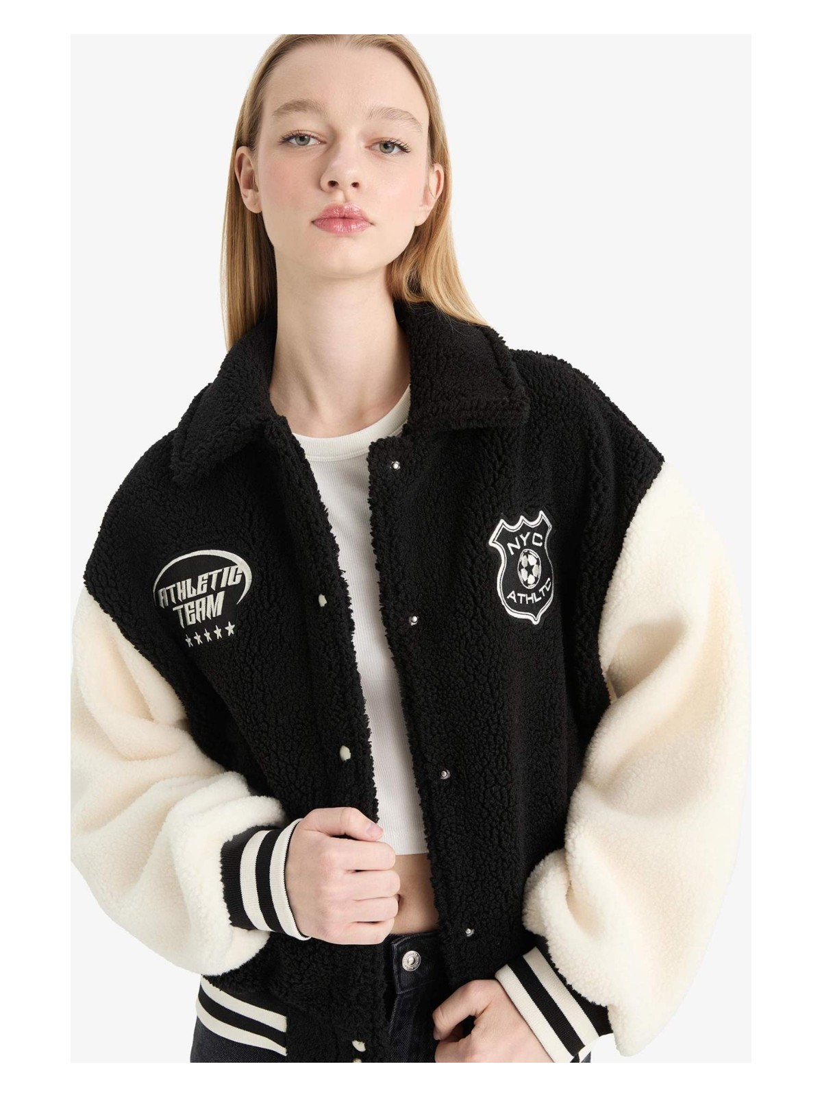 DeFacto Oversize Geniş Kalıp Polo Yaka Pelüş Bomber Ceket E9837AX25WN