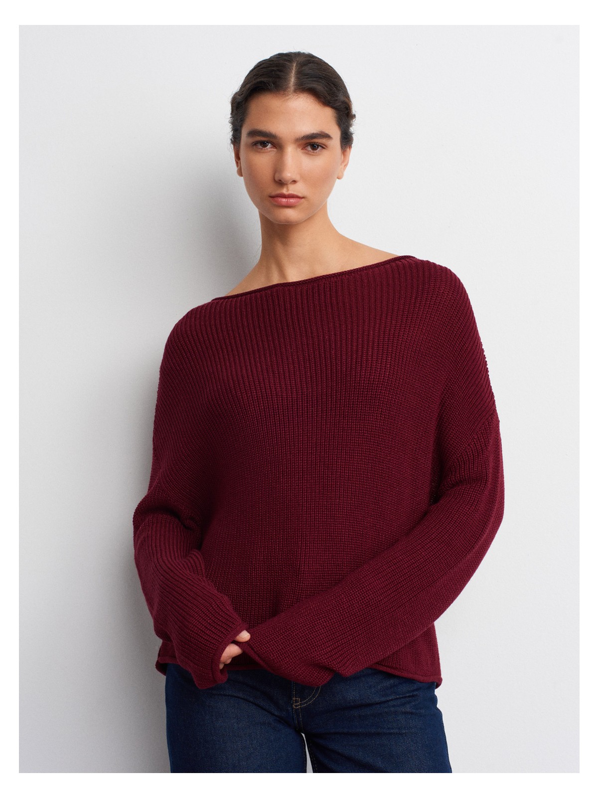 Dilvin 10804 Kayık Yaka Basic Triko Kazak-Ekru - Görsel 4