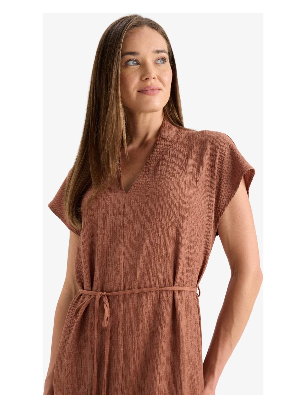 DeFacto Regular Fit V Yaka Bağlamalı Midi Elbise F4673AX25HS - Görsel 9