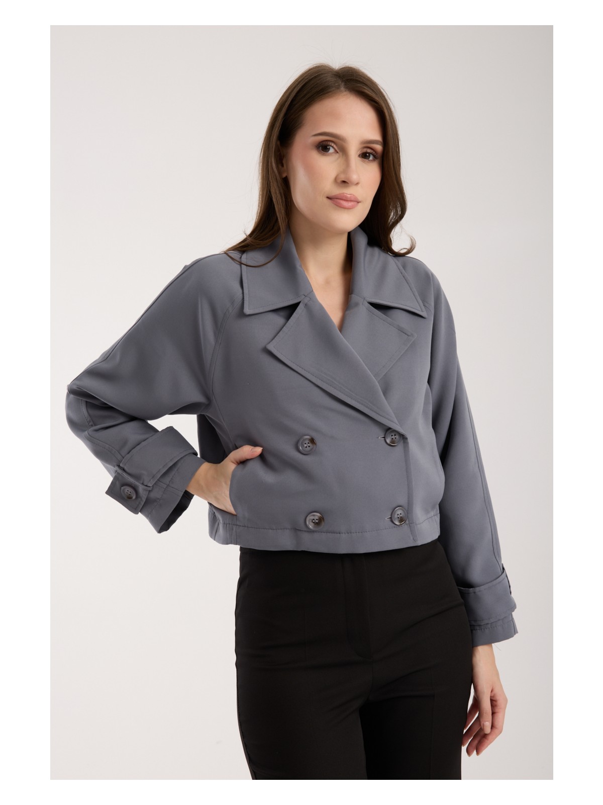 Bolivente Acı Kahve Kruvaze Yaka Crop Trençkot - Görsel 7