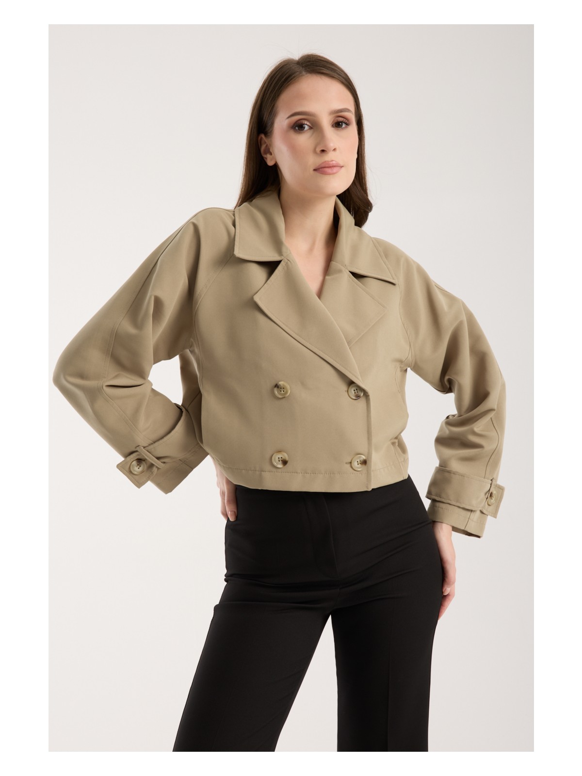 Bolivente Acı Kahve Kruvaze Yaka Crop Trençkot - Görsel 8