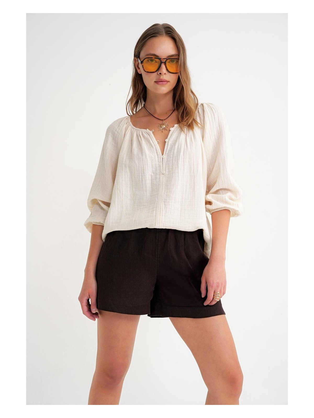 Mixray 4707 Kadın Yakası Büzgülü Kolu Lastikli Bol Müslin Bluz Pastel Sarısı - Görsel 9