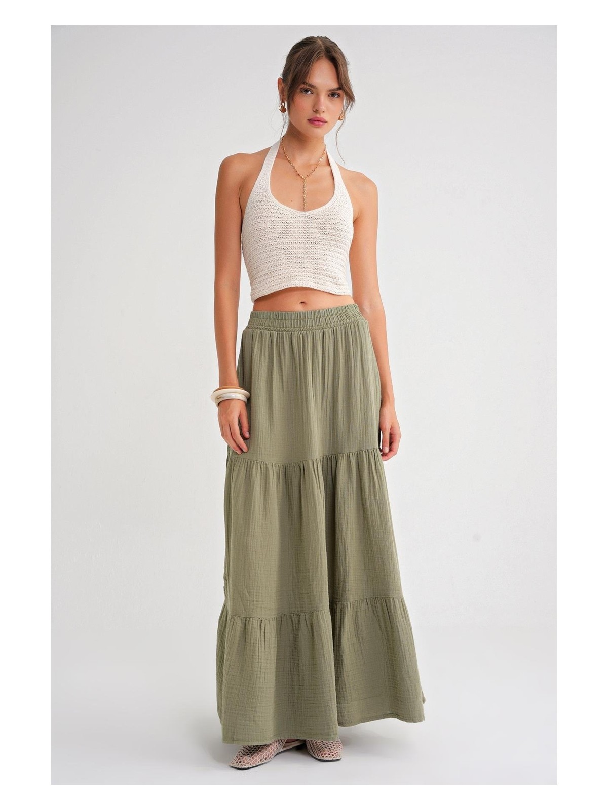 Mixray 4567 Kadın Fırfırlı Uzun Müslin Etek Kahve - Görsel 10