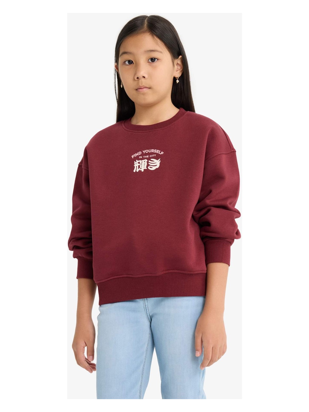 DeFacto Relax Fit Bisiklet Yaka Baskılı İçi Yumuşak Tüylü Sweatshirt Kız Çocuk E6779A825WN