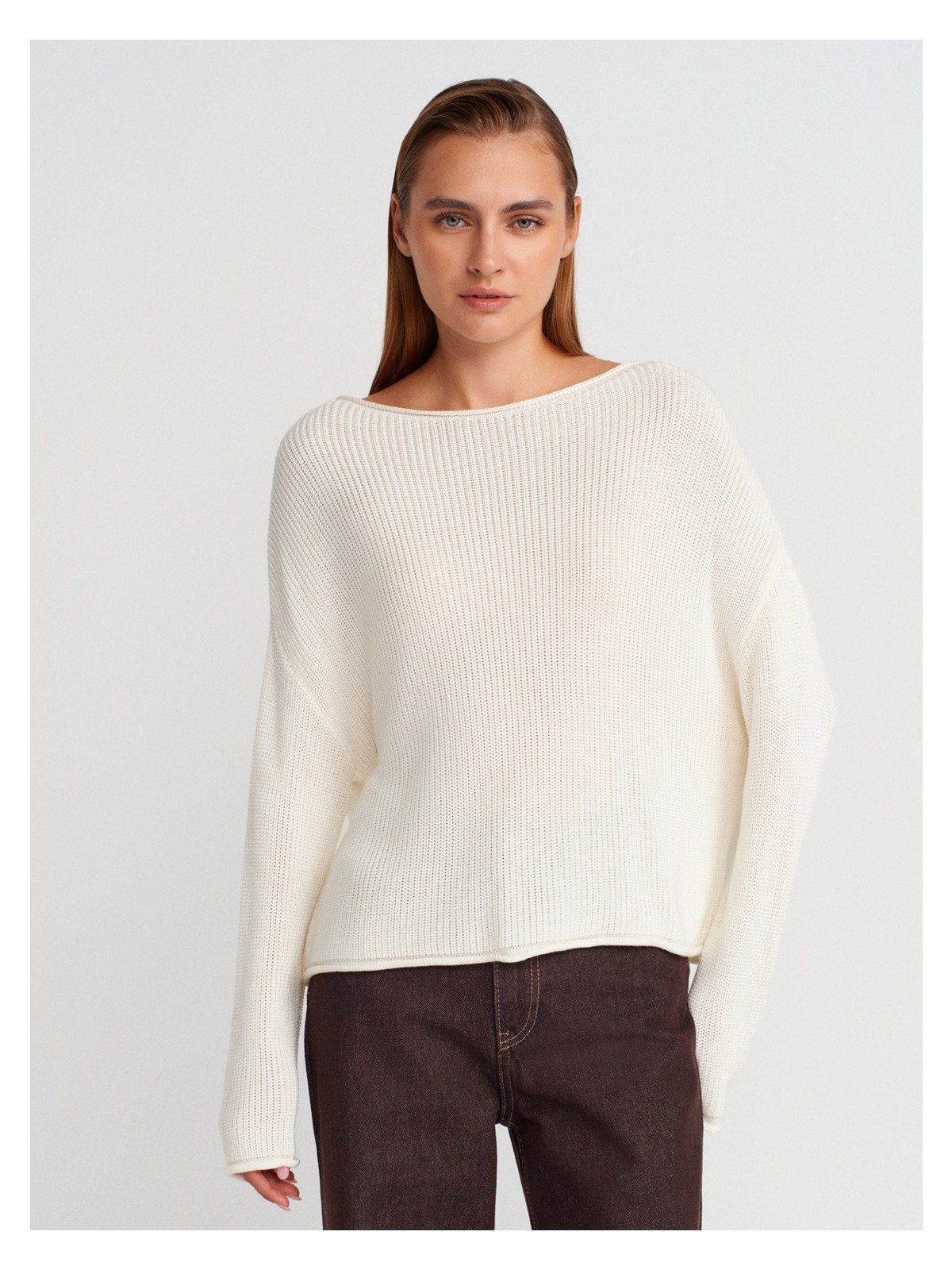 Dilvin 10804 Kayık Yaka Basic Triko Kazak-Ekru