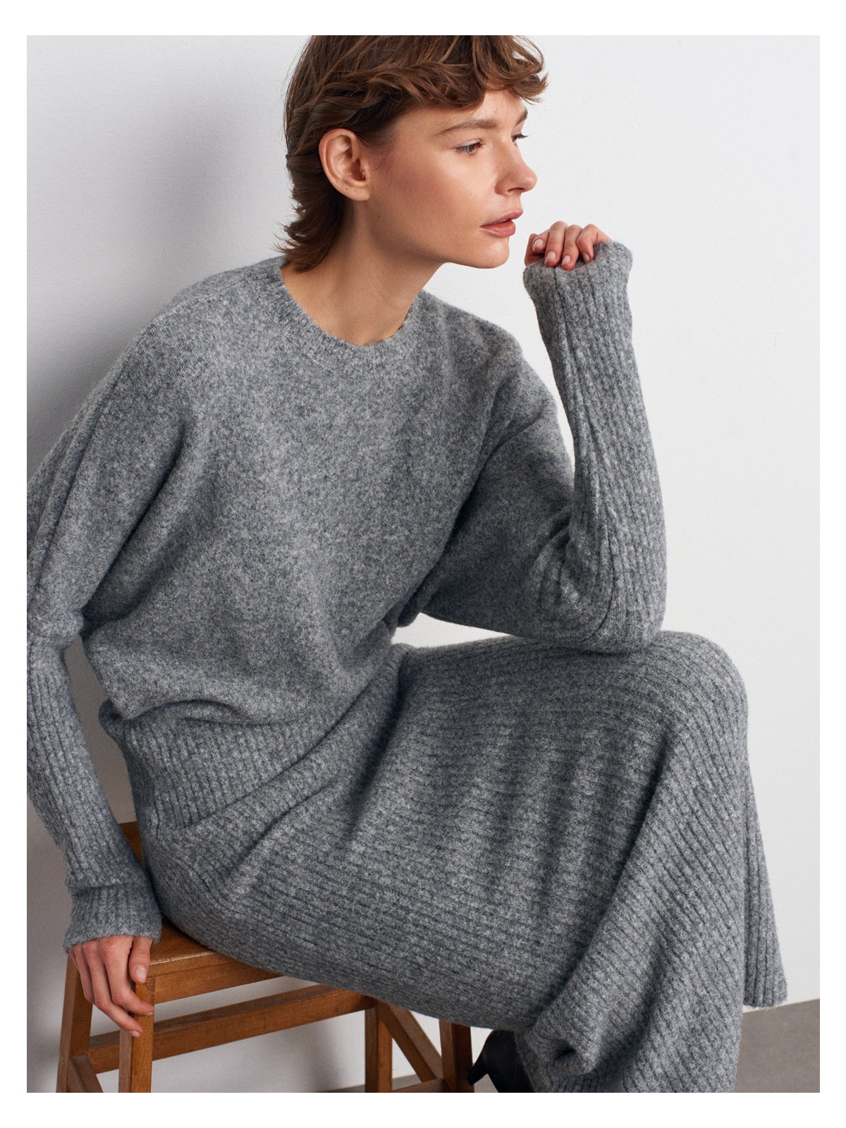 Dilvin 90260 Bisiklet Yaka Yumuşak Dokulu Triko Elbise-K.bej Mel. - Görsel 4