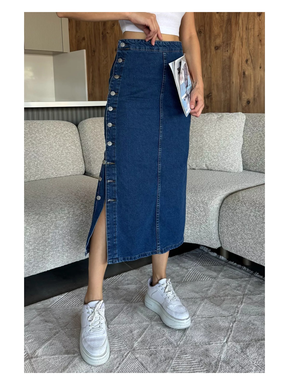 Gülseli Düğme Detaylı Jean Kot Etek P-00009838