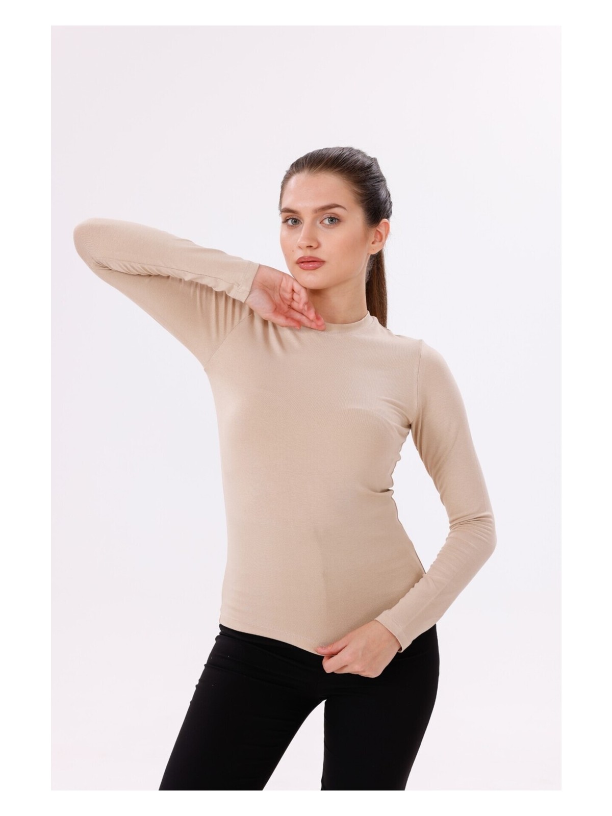 Yade Fashion Kadın Ekru Uzun Kol Body - Bisiklet Yaka