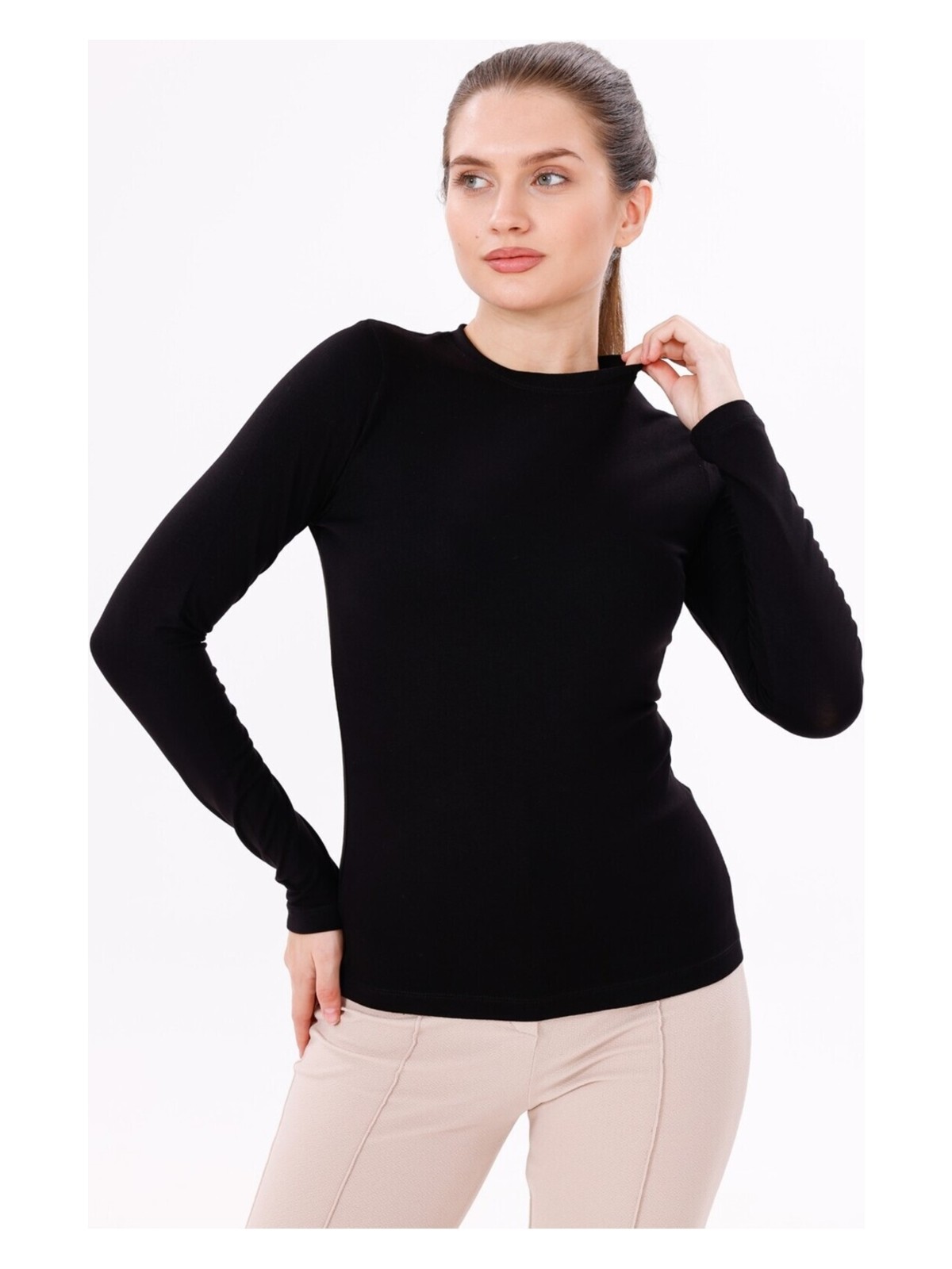 Yade Fashion Kadın Ekru Uzun Kol Body - Bisiklet Yaka - Görsel 5