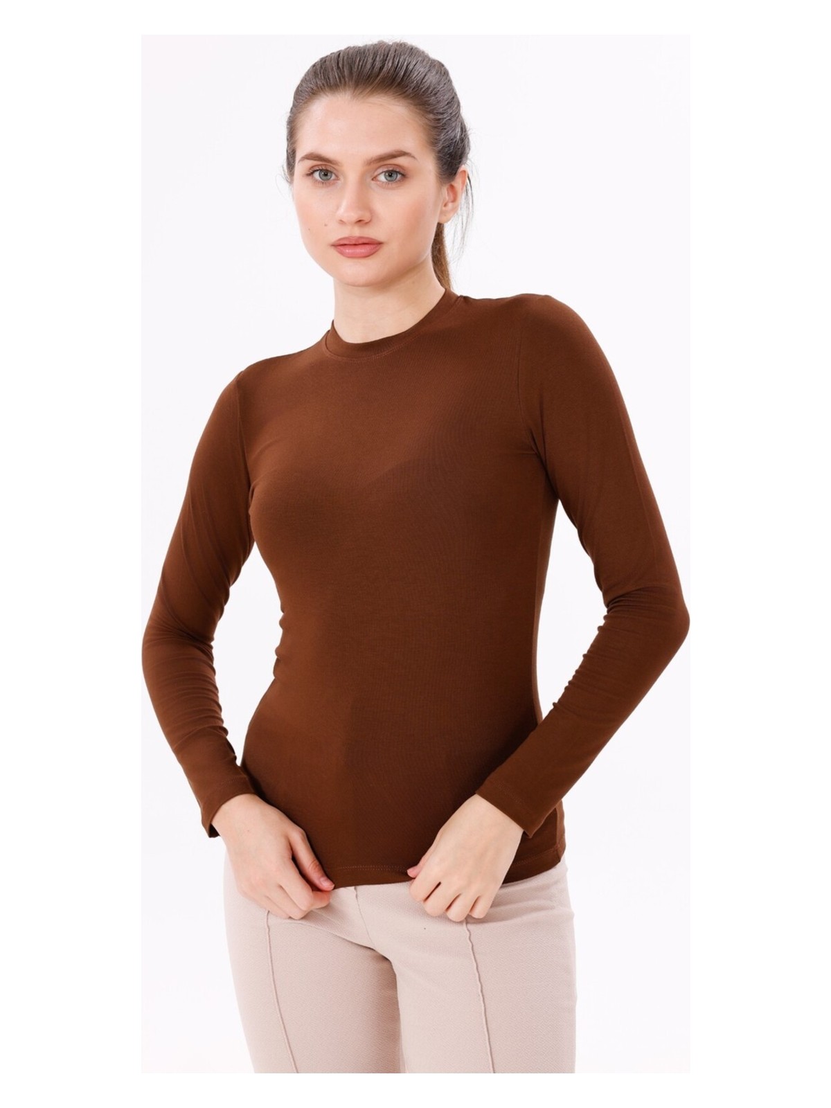 Yade Fashion Kadın Ekru Uzun Kol Body - Bisiklet Yaka - Görsel 6