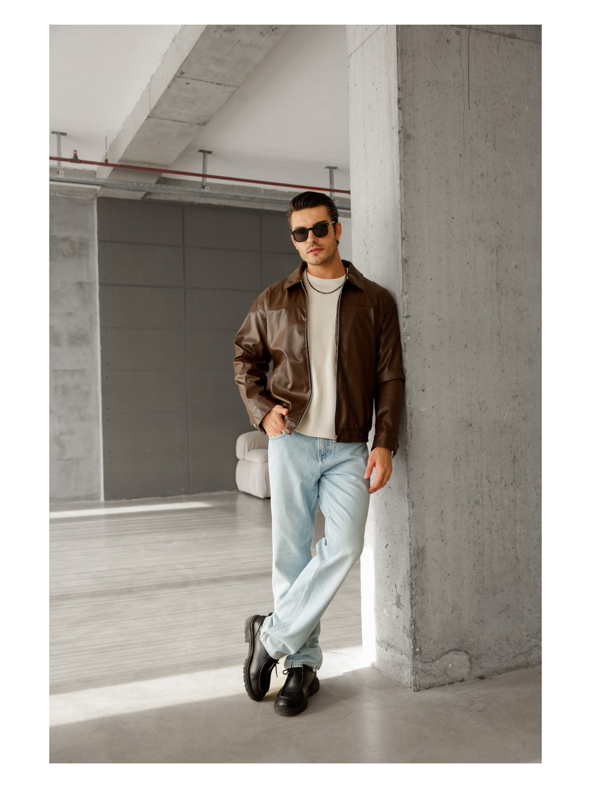 Mach Oversize Unisex Içi Kürklü Deri Ceket - Görsel 5