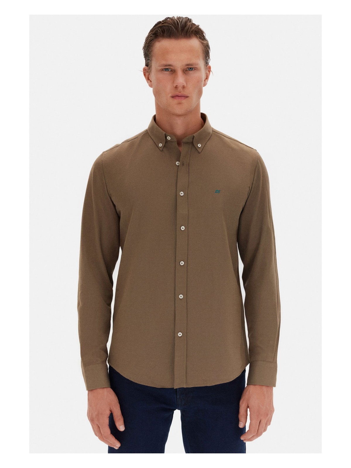 D'S Damat Slim Fit Bej Oxford Düğmeli Yaka Kolay Ütülenebilir Nakış Detaylı Pamuklu Gömlek 4HC02ORT03265 - Görsel 4