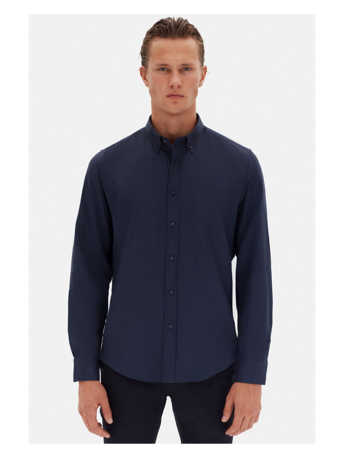 D'S Damat Slim Fit Bej Oxford Düğmeli Yaka Kolay Ütülenebilir Nakış Detaylı Pamuklu Gömlek 4HC02ORT03265 - Görsel 7