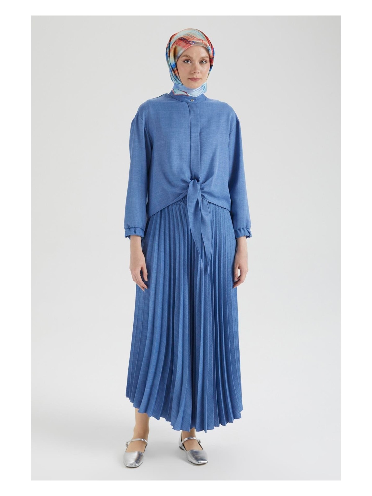 Armine Trend Pileli Etekli Kolları Lastikli Belden Kurdele Detaylı Etekli İkili Takım-Mavi 25YT656