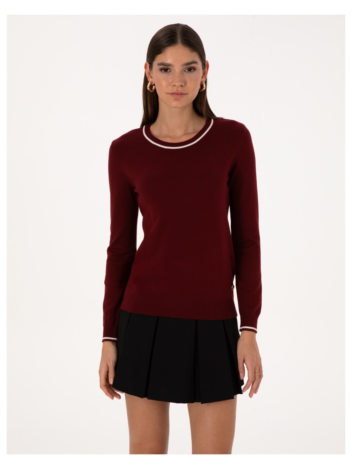 Pierre Cardin Kadın Vişne Slim Fit Çizgi Detaylı Basic Kazak 50315910-VR223