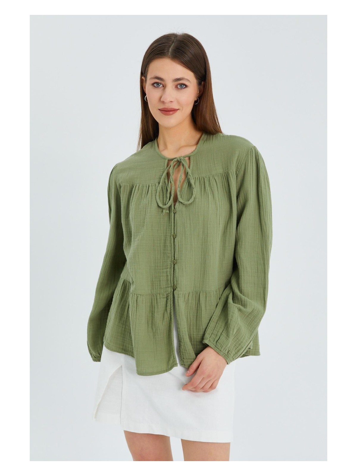 Mixray 4563 Kadın Yakası Bağlamalı Kolu Lastikli Bol Müslin Gömlek Pastel Sarısı - Görsel 4