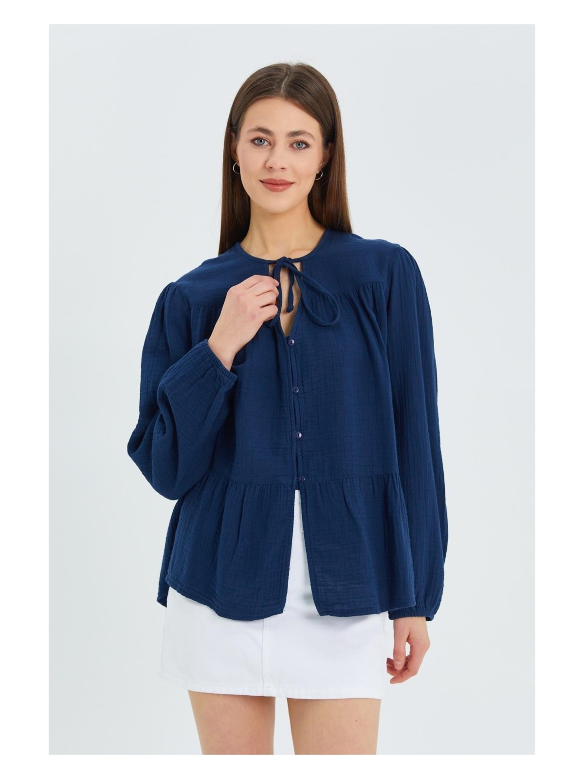 Mixray 4563 Kadın Yakası Bağlamalı Kolu Lastikli Bol Müslin Gömlek Adaçayı - Görsel 7