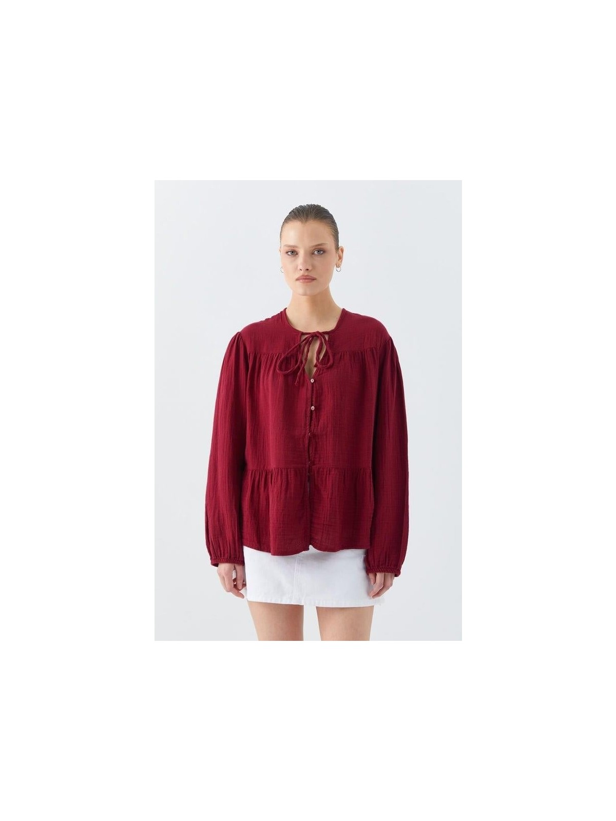 Mixray 4563 Kadın Yakası Bağlamalı Kolu Lastikli Bol Müslin Gömlek Pastel Sarısı - Görsel 10