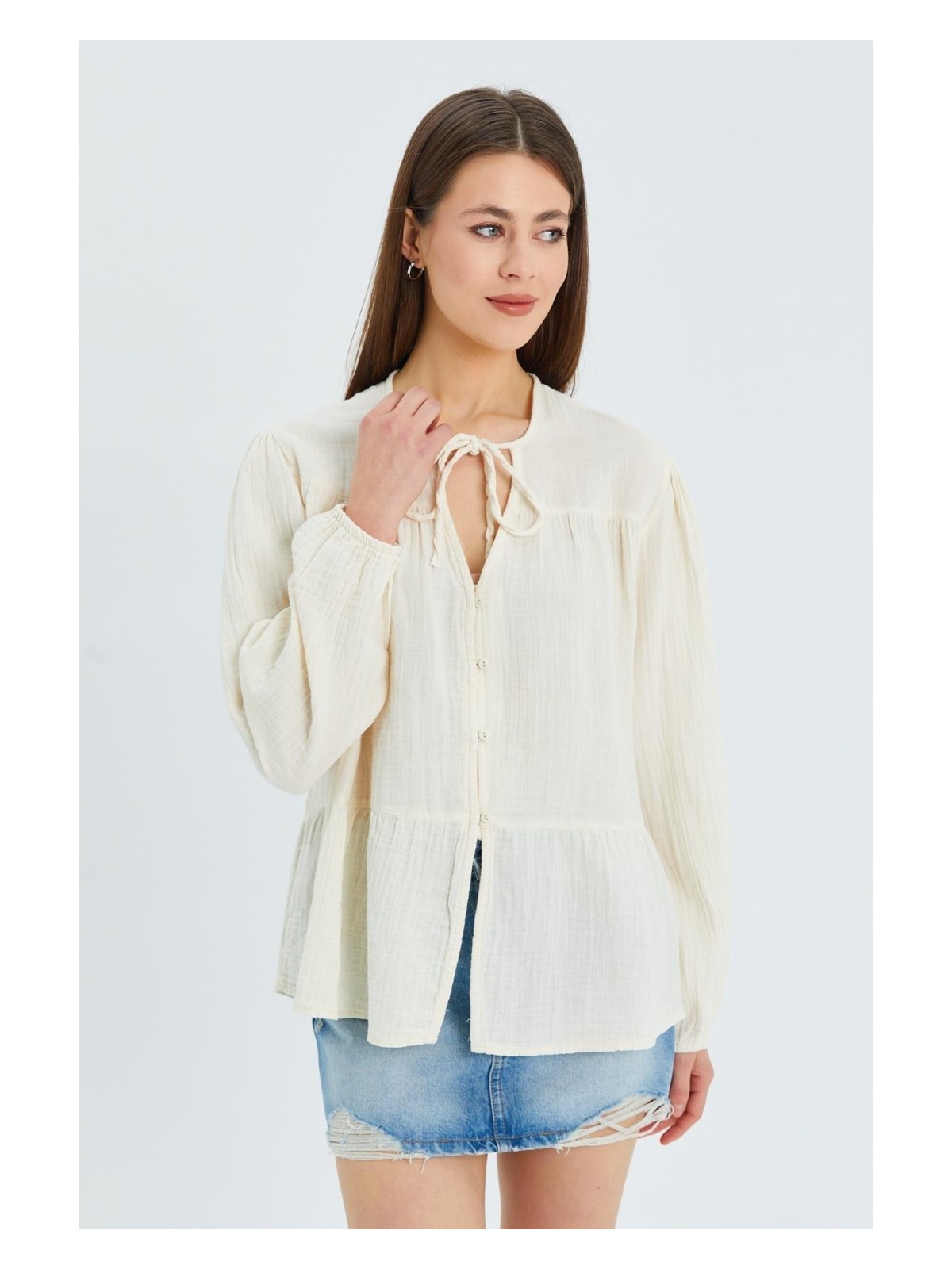 Mixray 4563 Kadın Yakası Bağlamalı Kolu Lastikli Bol Müslin Gömlek Naturel