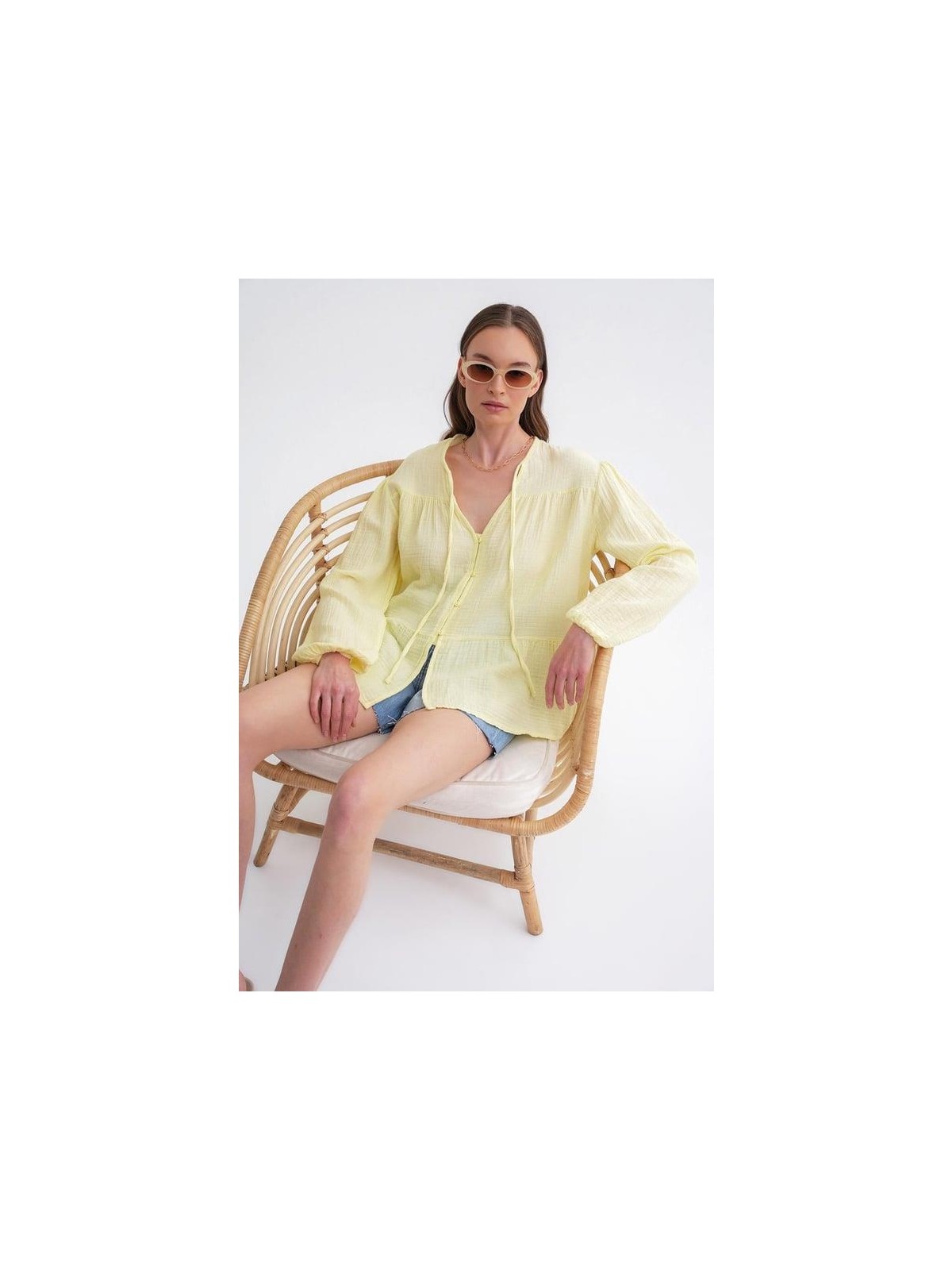 Mixray 4563 Kadın Yakası Bağlamalı Kolu Lastikli Bol Müslin Gömlek Pastel Sarısı
