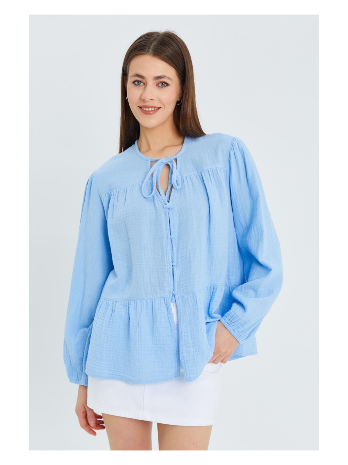 Mixray 4563 Kadın Yakası Bağlamalı Kolu Lastikli Bol Müslin Gömlek Adaçayı - Görsel 6