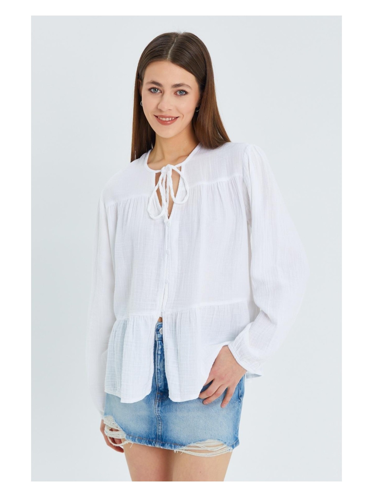 Mixray 4563 Kadın Yakası Bağlamalı Kolu Lastikli Bol Müslin Gömlek Pastel Sarısı - Görsel 9