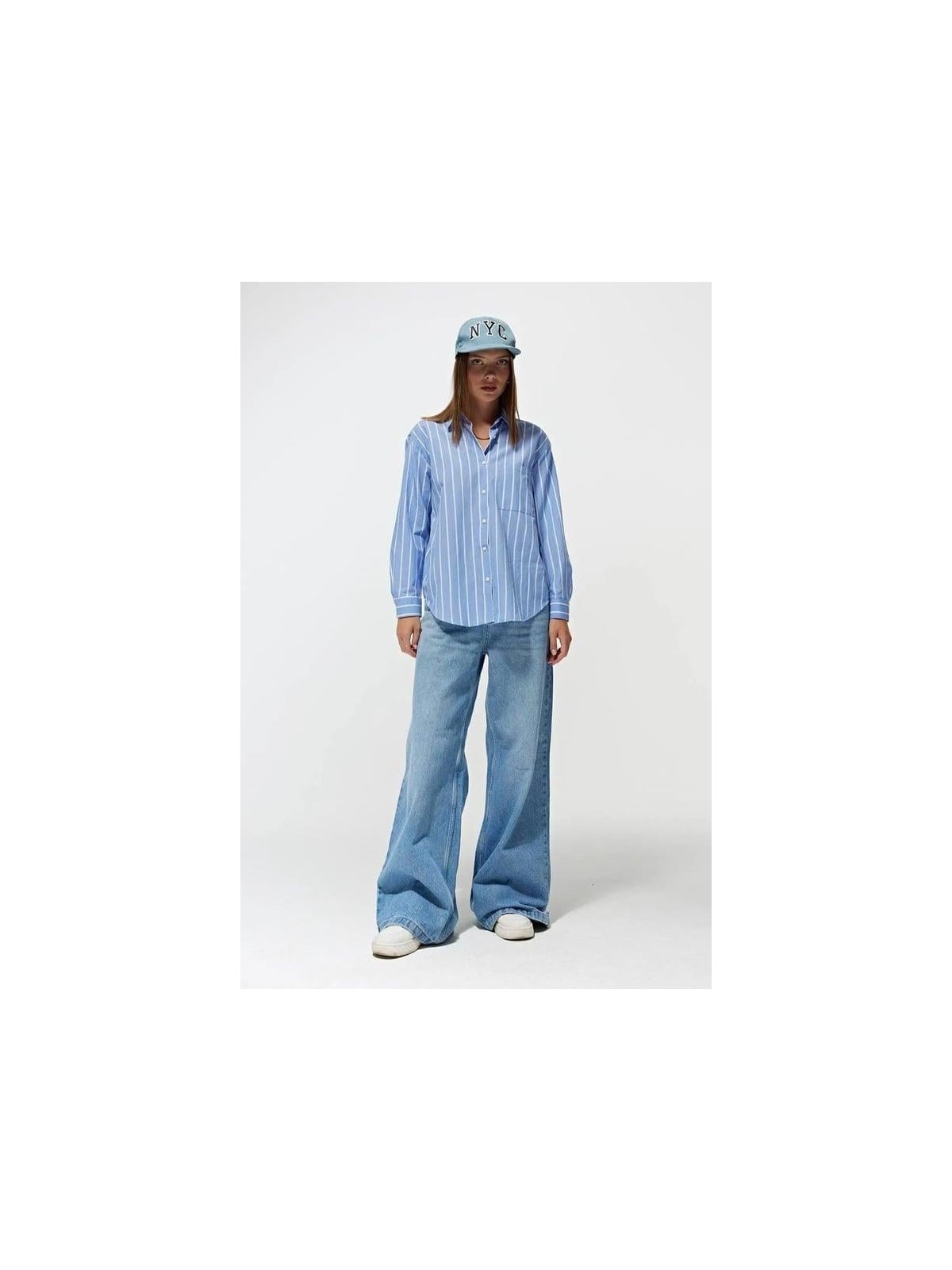 Mixray 4367 Kadın Çizgili Oversize Gömlek Mavi