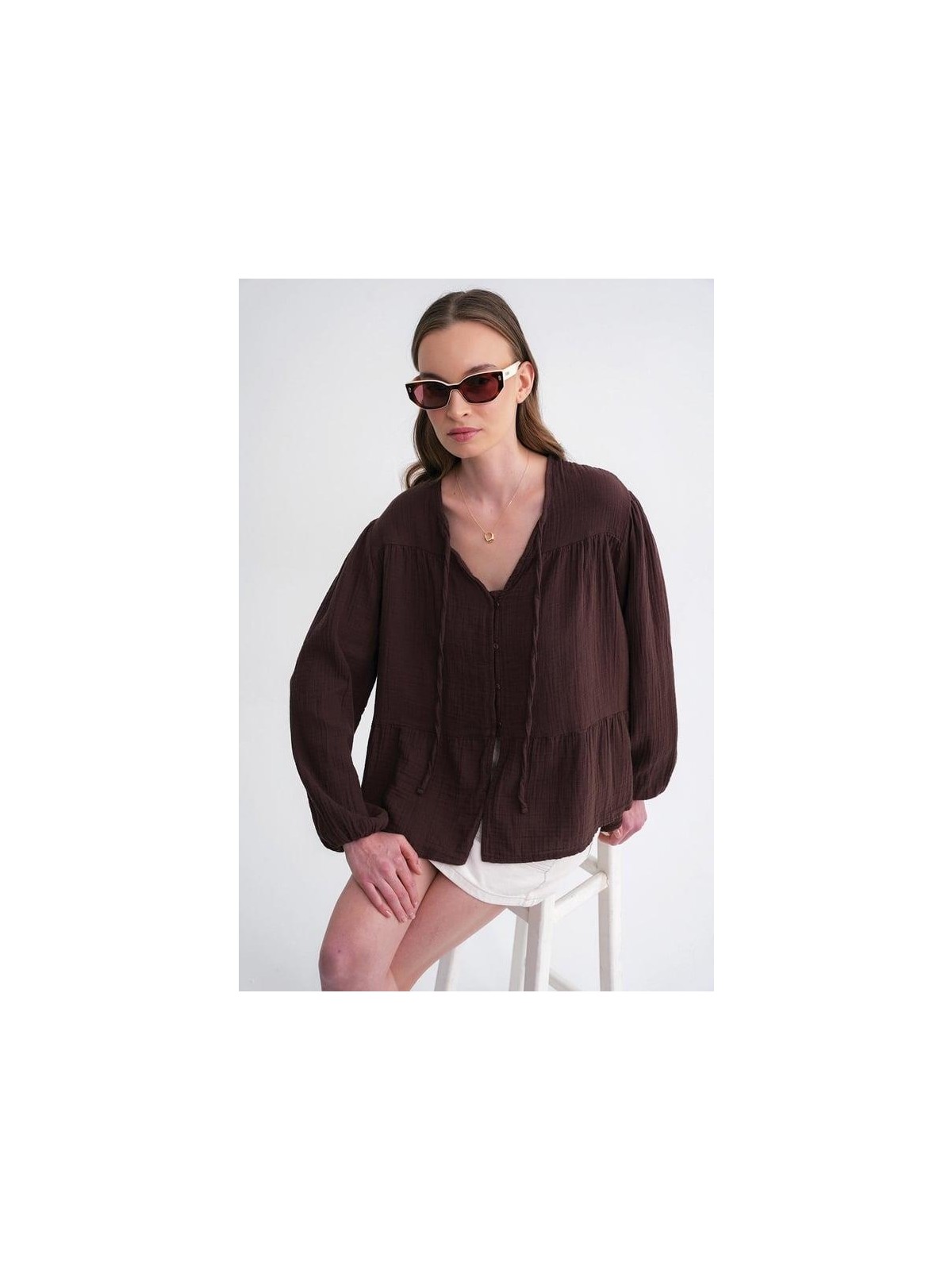 Mixray 4563 Kadın Yakası Bağlamalı Kolu Lastikli Bol Müslin Gömlek Adaçayı - Görsel 8