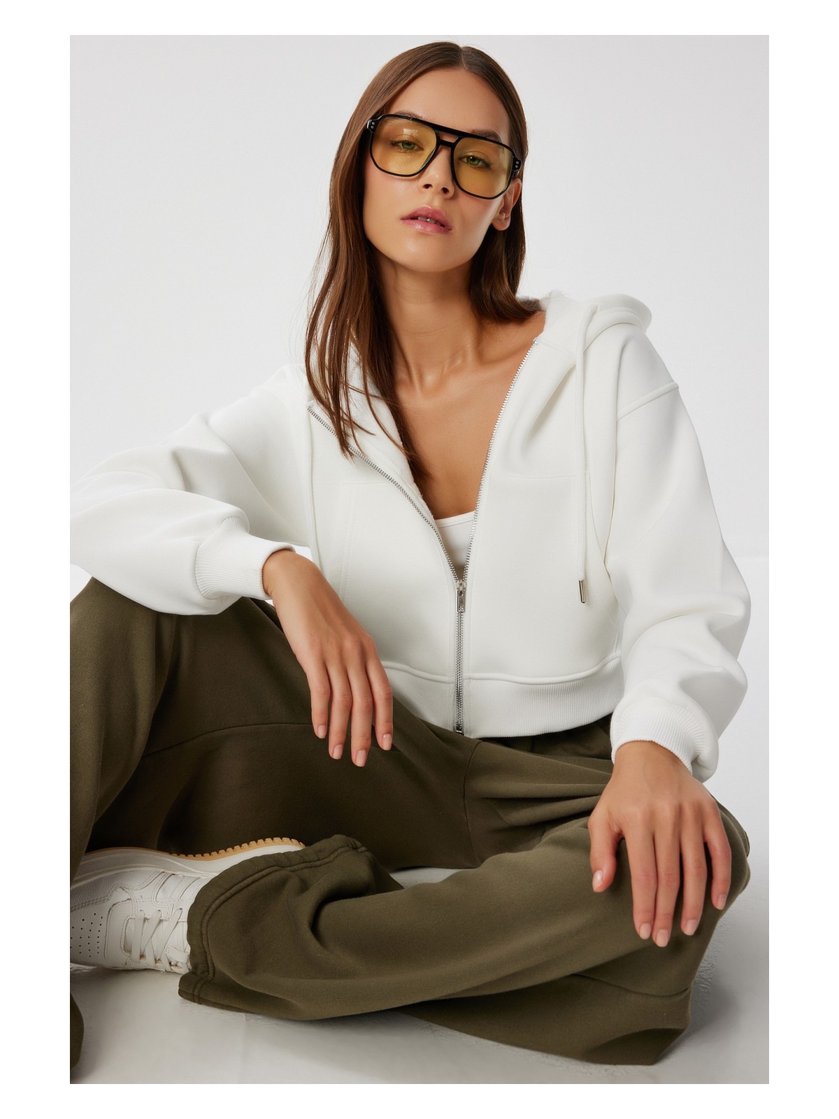 Happiness İstanbul Kapüşonlu Fermuarlı Şardonlu Örme Sweatshirt LPX0004 Ekru