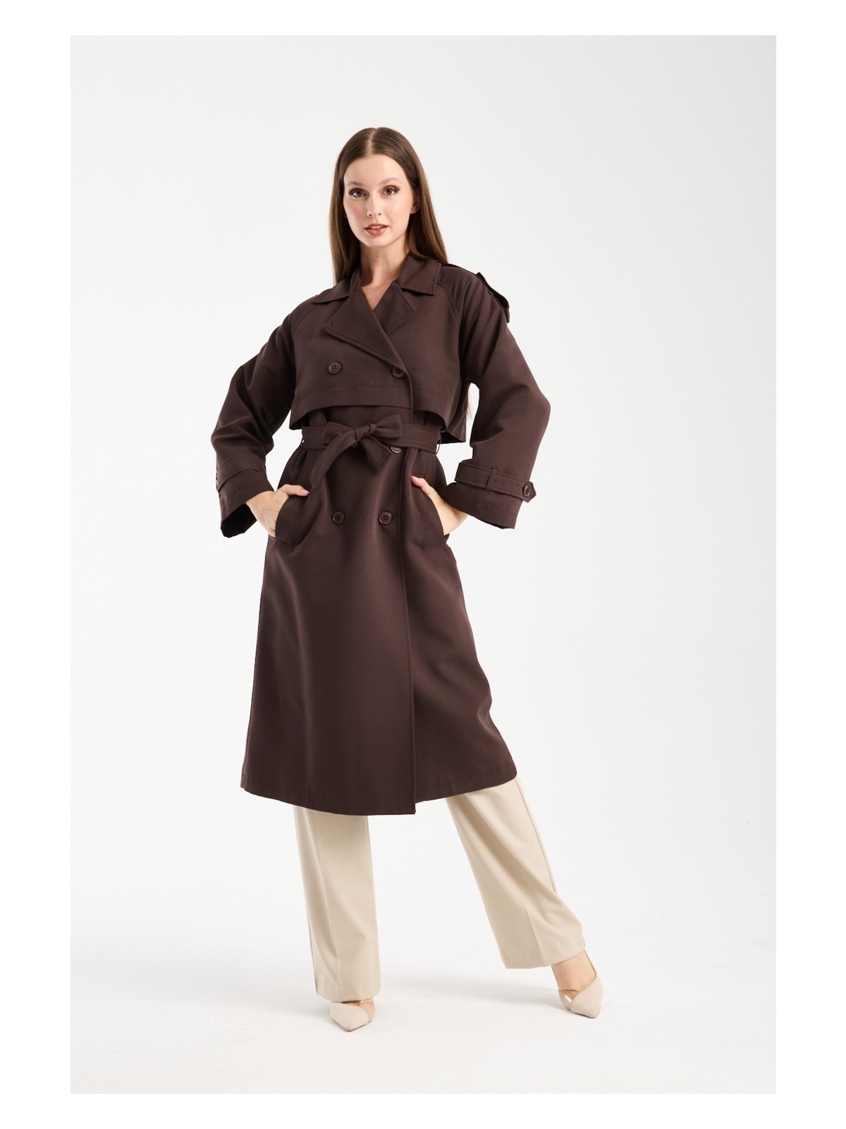 Bolivente Acı Kahve Kruvaze Kapama Rüzgarlık Detaylı Trençkot 44956