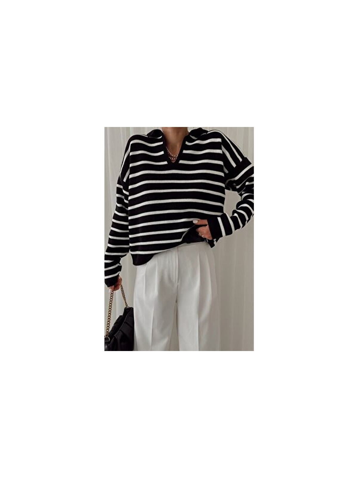 My Love Butik Polo Yaka Çizgili Triko Kazak Krem Kadın Casual Stil Uzun Kol Regular Kesim - Görsel 5
