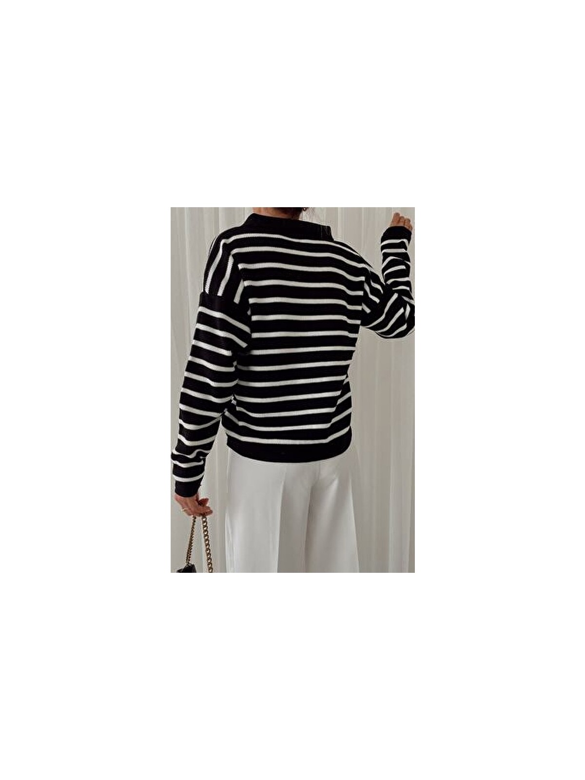 My Love Butik Kadın Polo Yaka Çizgili Triko Kazak Siyah Renk ile Günlük Kullanım İçin - Görsel 3