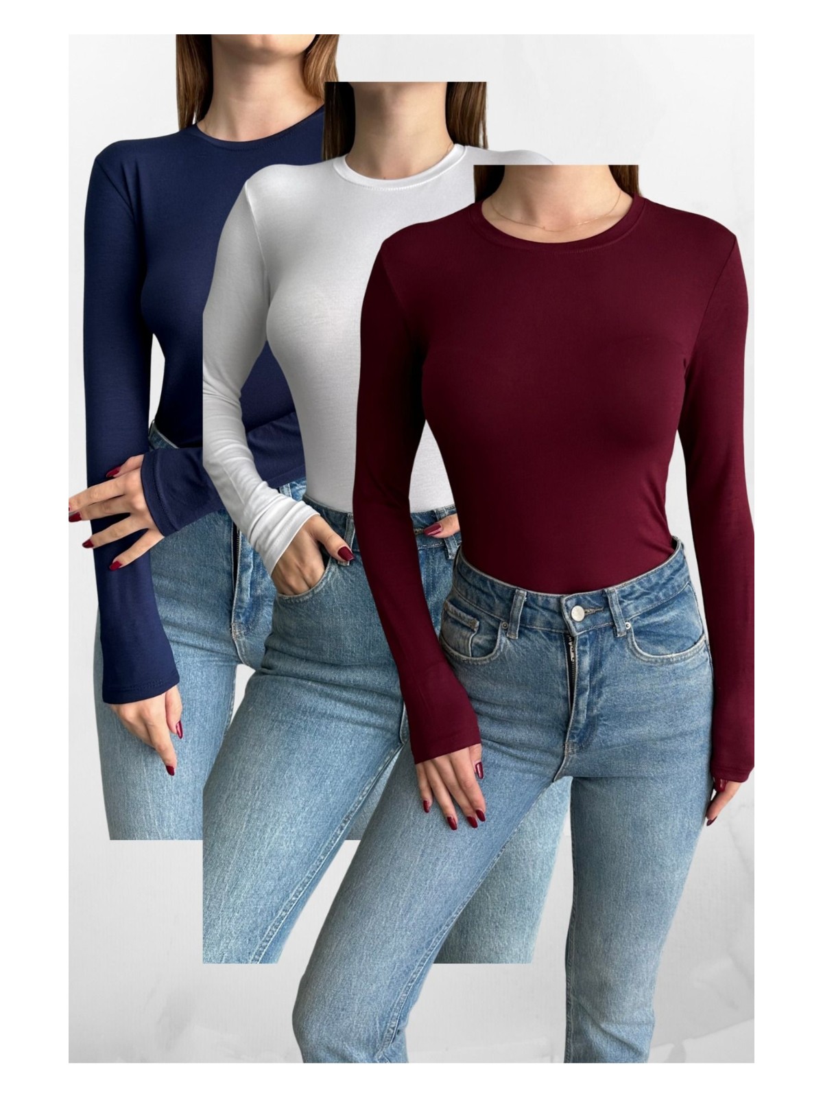 Macharel Jeans Siyah-Beyaz-Lacivert 3'lü Bisiklet Yaka Basic Uzun Kollu Body Siyah-Beyaz-Lacivert / Standart - Görsel 3