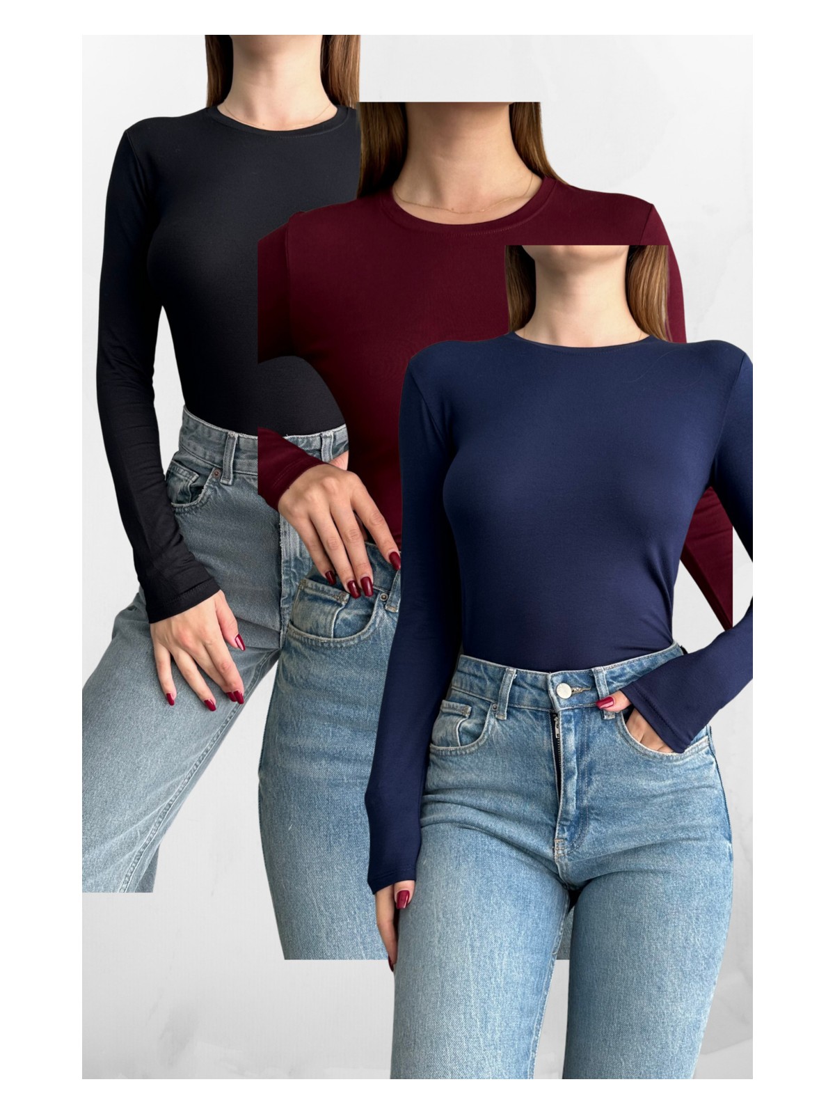 Macharel Jeans Siyah-Beyaz-Lacivert 3'lü Bisiklet Yaka Basic Uzun Kollu Body Siyah-Beyaz-Lacivert / Standart - Görsel 5